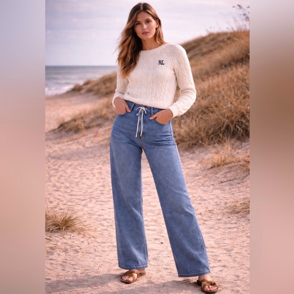 Flamingals drawstring stretchy wide leg denim jeans woman’s size L FG5-9 - Picture 2 of 6